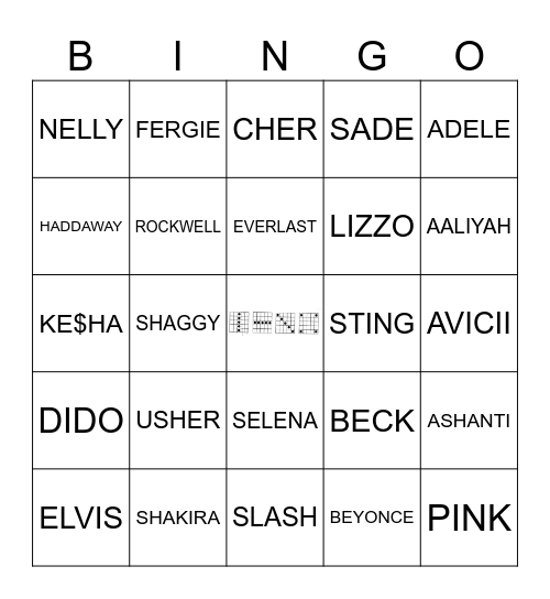 Artists With One Name Bingo Card