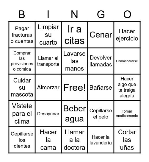 Activities of Daily Living Bingo Card