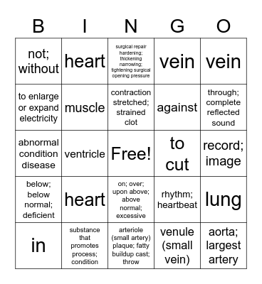 Med Term Ch. 6 Cardiovascular System Bingo Card