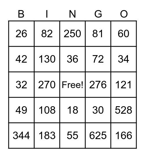 Multiplication Bingo Card