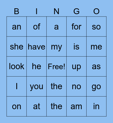 Sight Words Bingo Card