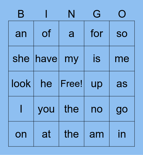 Sight Words Bingo Card