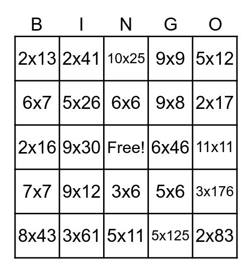 Multiplication Answers Bingo Card