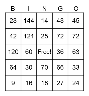 Multiplication Facts Bingo Card