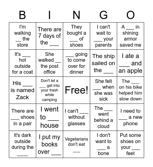 Homonyms Bingo Card