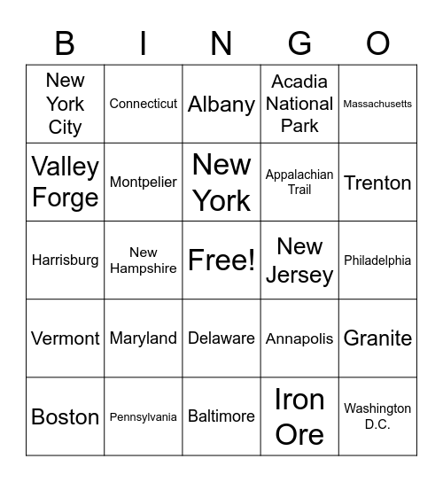 The Northeast Bingo Card