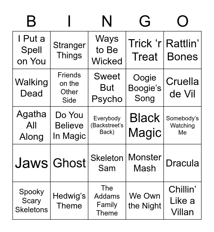 Halloween Music Bingo Card