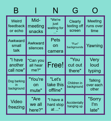 Working From Home Bingo Card