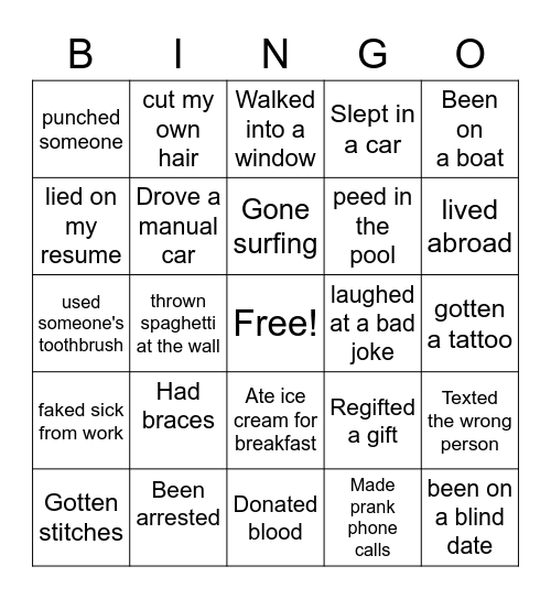 Never Have I Ever Bingo Card