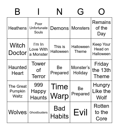 Halloween Music Bingo Card