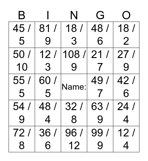 Division Bingo! Bingo Card