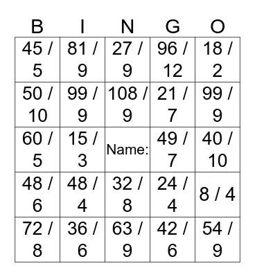 Division Bingo! Bingo Card