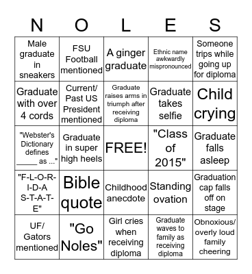 Florida State Graduation NOLES Bingo Card