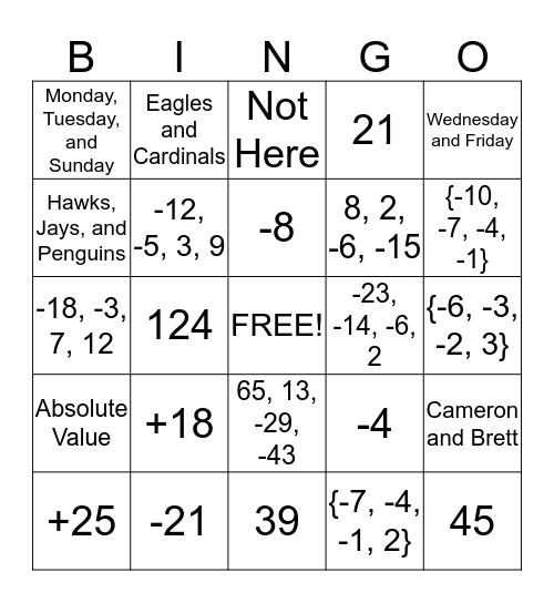 Integers Bingo Card