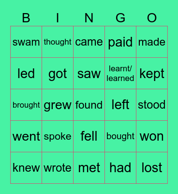 verbs in simple past Bingo Card
