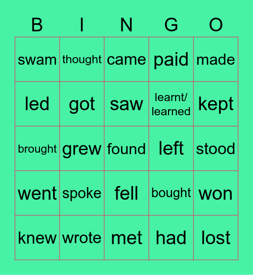 verbs in simple past Bingo Card