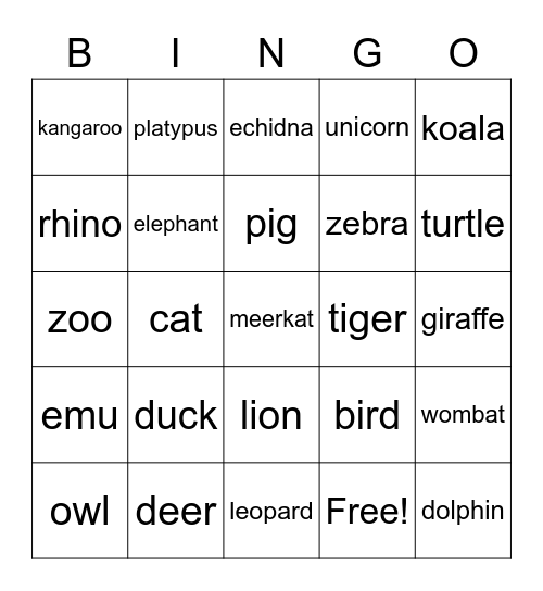 Auslan Animals Bingo Card