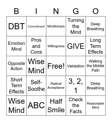 DBT Skills Bingo! Bingo Card