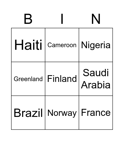 Country Bingo Card