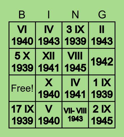 II wojna światowa- daty Bingo Card