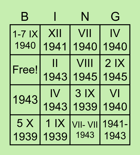 II wojna światowa- daty Bingo Card