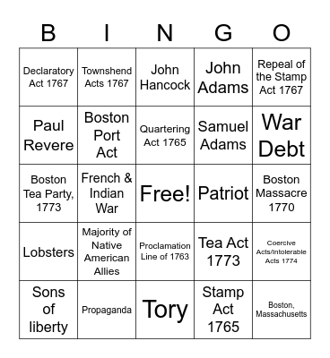 Road to the Revolution Bingo Card