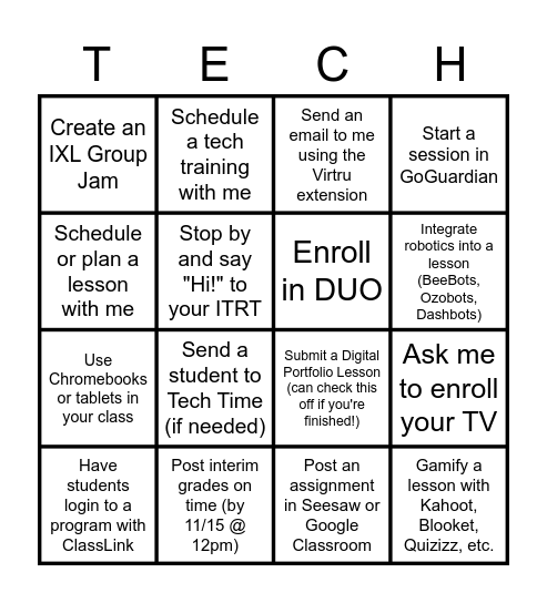 Thankful for Techy Teachers Bingo Card