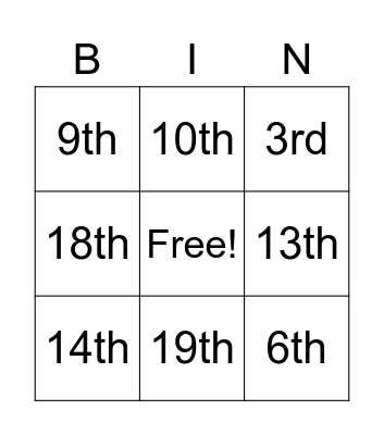ORDINAL NUMBERS Bingo Card