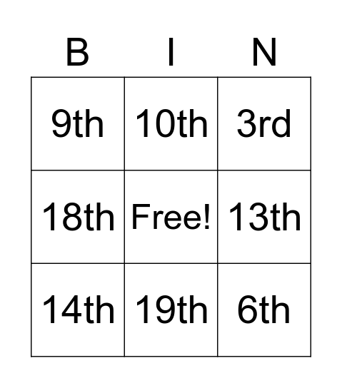 ORDINAL NUMBERS Bingo Card