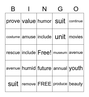 VOWEL SOUND <oo> <yoo> Bingo Card