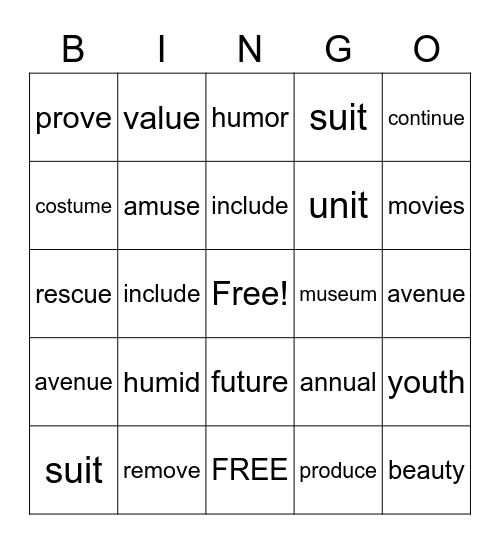 VOWEL SOUND <oo> <yoo> Bingo Card
