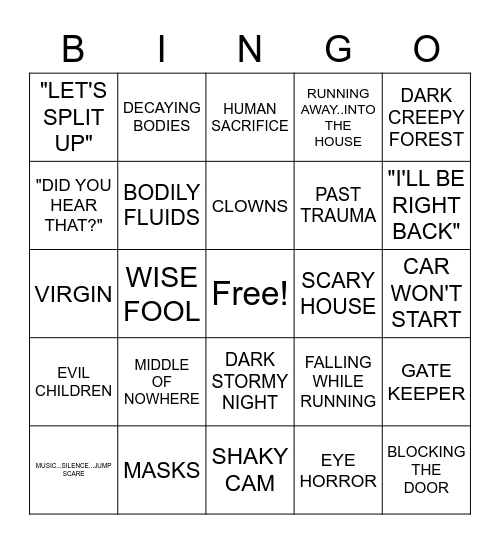 Horror Trope Bingo Card