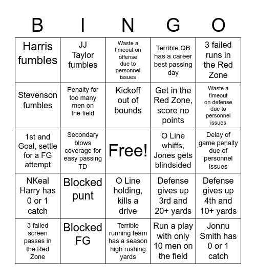 Pats' Miscues Bingo Card