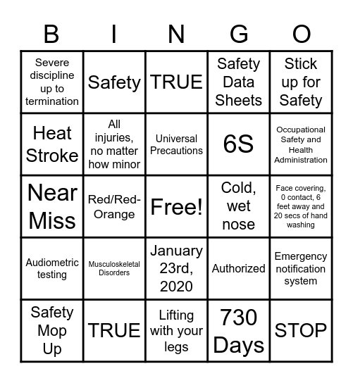 SAFETY FIRST Bingo Card