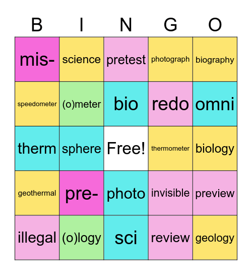 #1 Prefixes, Suffixes, & Roots Bingo Card