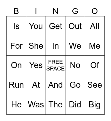 Sight Word Bingo Card