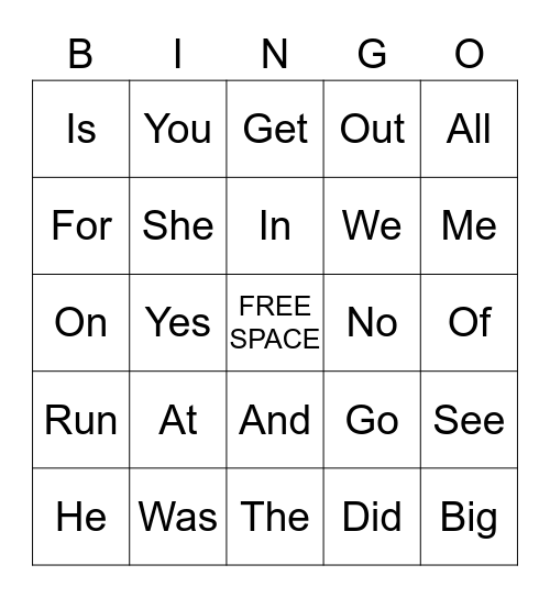 Sight Word Bingo Card
