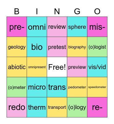 #2 Prefixes, Suffixes, & Roots Bingo Card