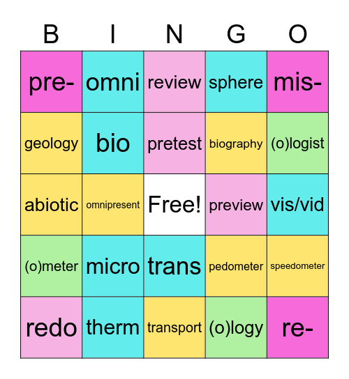 #2 Prefixes, Suffixes, & Roots Bingo Card