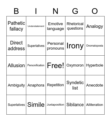 Linguistic Techniques Bingo Card
