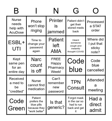Pharmacy Week BINGO Card
