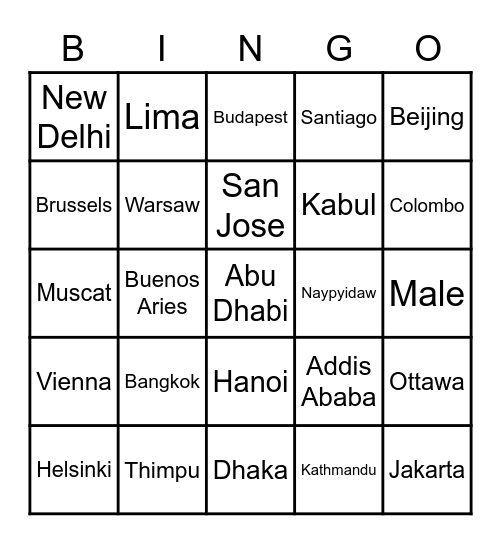 Confusing Capitals Bingo Card