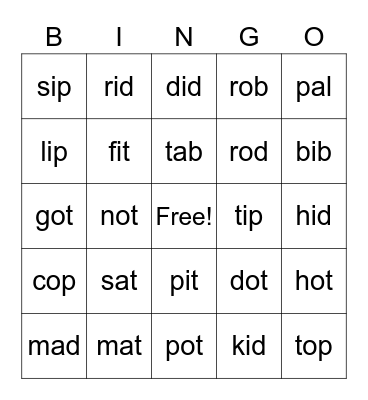 Short A. I, O Bingo Card