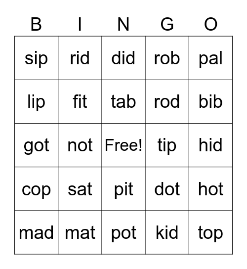 Short A. I, O Bingo Card