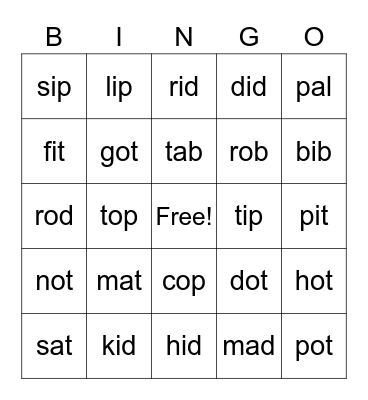 Short A. I, O Bingo Card