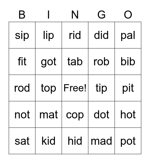 Short A. I, O Bingo Card
