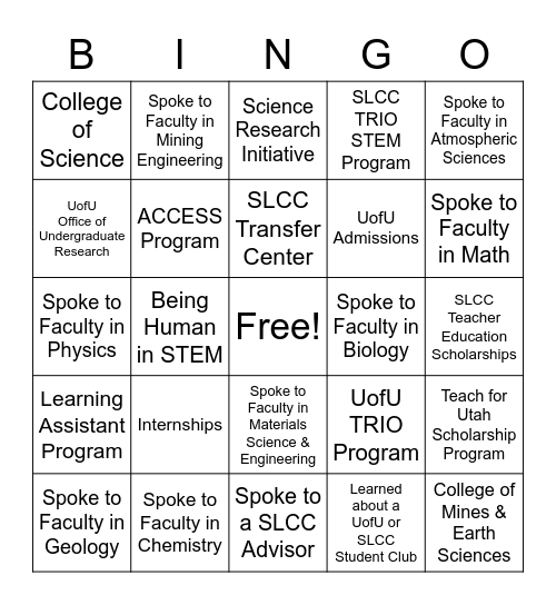 STEM Success Fair Bingo Card