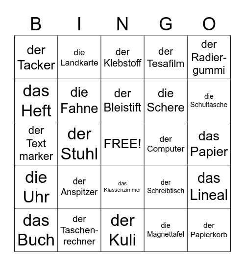 Schulsachen/ school items Bingo Card