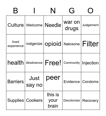Harm Reduction Bingo Card