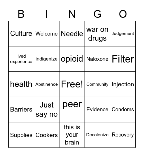 Harm Reduction Bingo Card